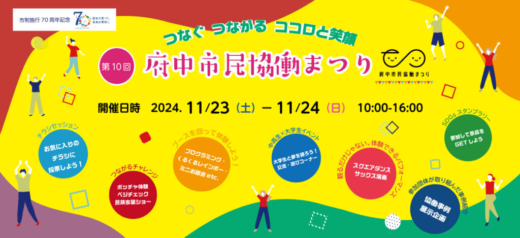 第10回「府中市民協働まつり」のポスター。キャッチコピー「つなぐ つながる ココロと笑顔」のもと、市制施行70周年を記念し、2024年11月23日(土)と24日(日)に開催されます。イベントは10時から16時までで、SDGsスタンプラリー、ボッチャ体験、プログラミングワークショップ、学生交流など多彩な企画が用意されています。