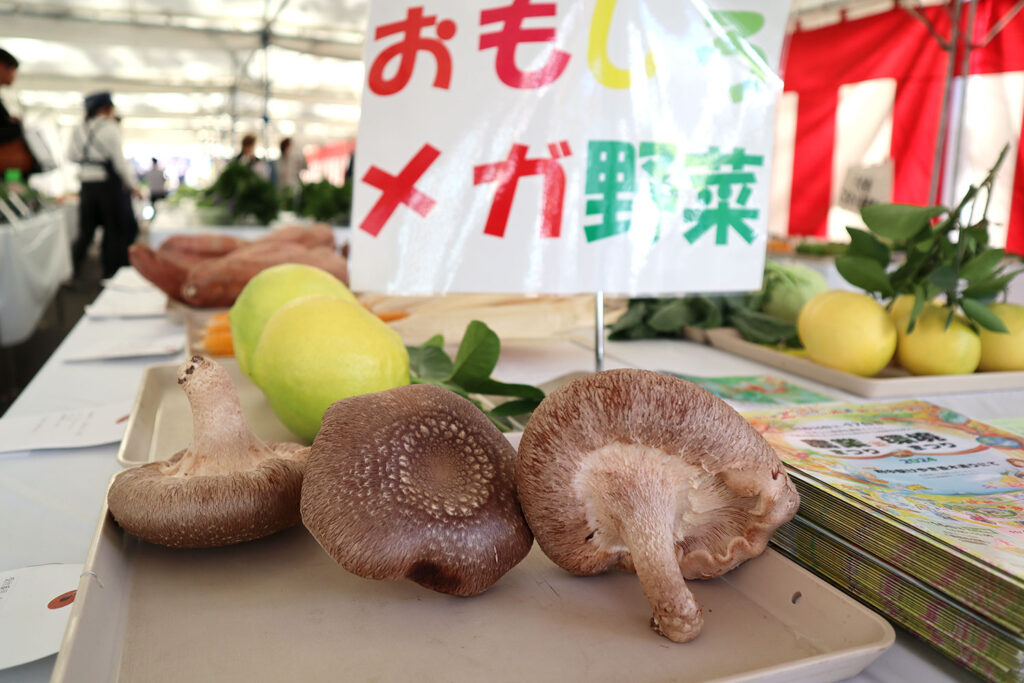 テーブルの上に展示されている大きな椎茸や鮮やかな色の野菜。看板に「おもしろメガ野菜」と書かれ、背後には他の農産物や来場者の姿が見える。