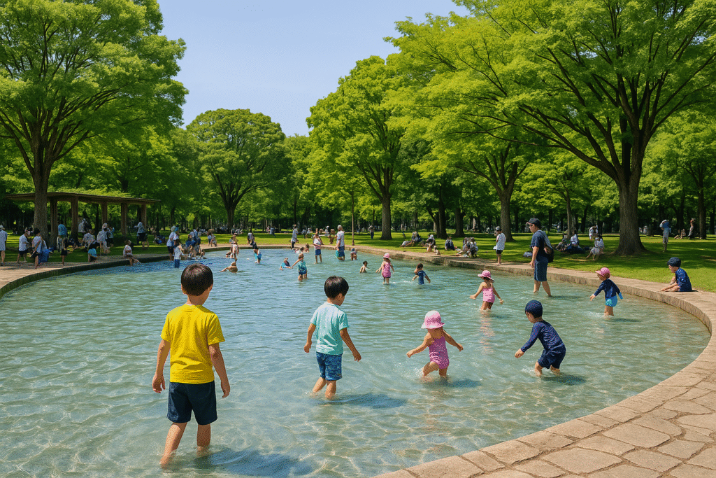 緑豊かな公園の浅い水場で、たくさんの子どもたちが水遊びを楽しんでいる様子。周囲には大きな木が並び、木陰で休む人々の姿も見える。子どもたちは水着や帽子を着用し、水をはねたり歩いたりして元気に遊んでいる。初夏の晴れた日に家族連れでにぎわう、にこやかで開放的な風景。