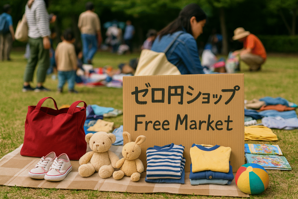 公園の芝生広場で開催されている「ゼロ円ショップ(Free Market)」の一角。段ボール製の看板の前には、赤いトートバッグ、白いスニーカー、ぬいぐるみ(クマとウサギ)、たたまれた子供服、カラフルなボールが並べられている。背景には親子連れが自由に品物を見て回っている様子が写っており、温かみのあるコミュニティイベントの雰囲気が伝わる。