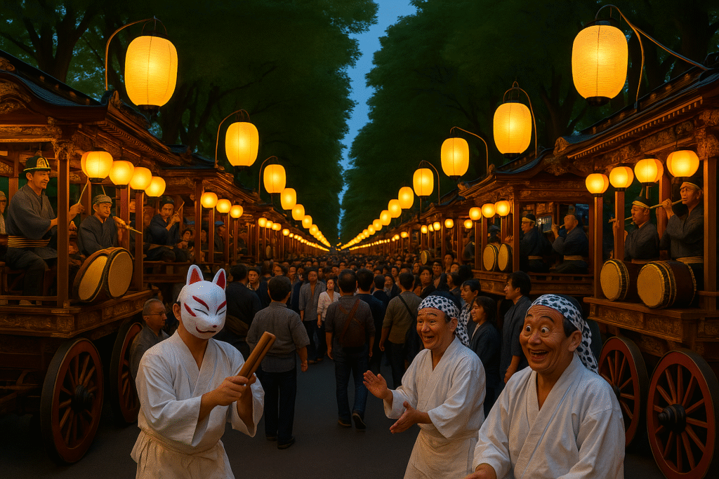 夕暮れの東京都府中市、欅並木の通りにずらりと並ぶ山車。提灯の明かりに照らされた山車の上では囃子方が太鼓や笛を演奏し、手前では狐面やひょっとこの面をかぶった踊り手が観客を楽しませている。多くの人々が並木道に集まり、伝統的な『くらやみ祭り』の囃子の競演を見守っている。